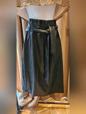 NWT Time and Tru Black Faux Leather Midi Skirt with Tie Belt